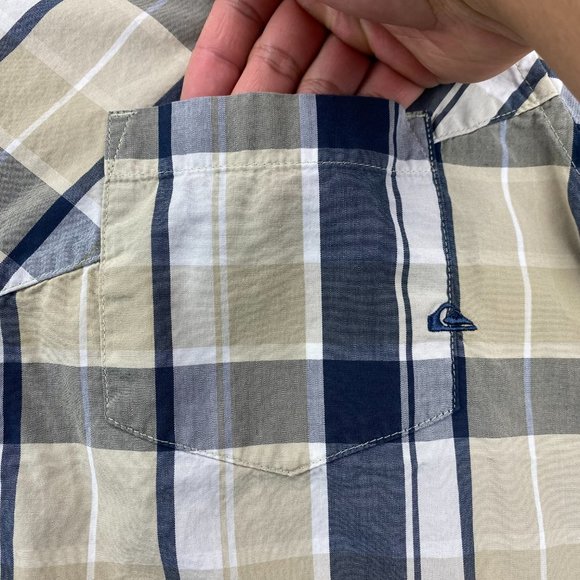 QUIKSILVER Shirt Men Medium M Beige Blue White Plaid Button Up Surf Surfing MENS - Picture 4 of 11